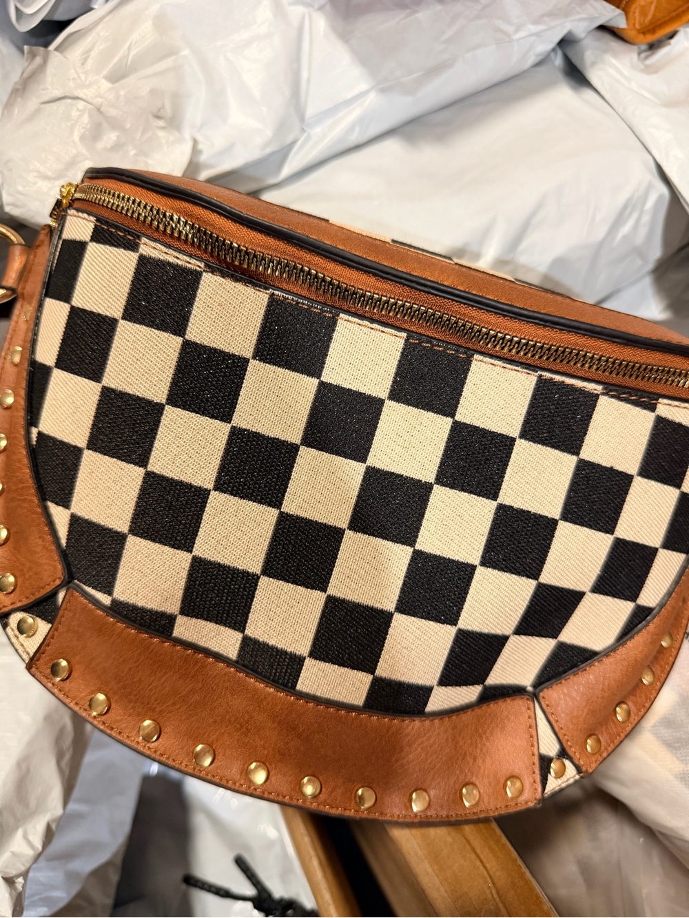 Checkerboard Canvas Saddle Bag with Tan Trim
